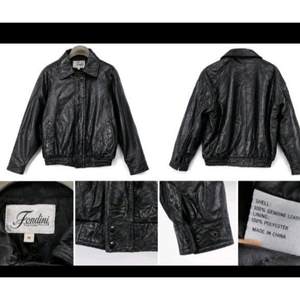 Fondini Fashions Women’s M Black Genuine Leather Patchwork Bomber Jacket Vintage